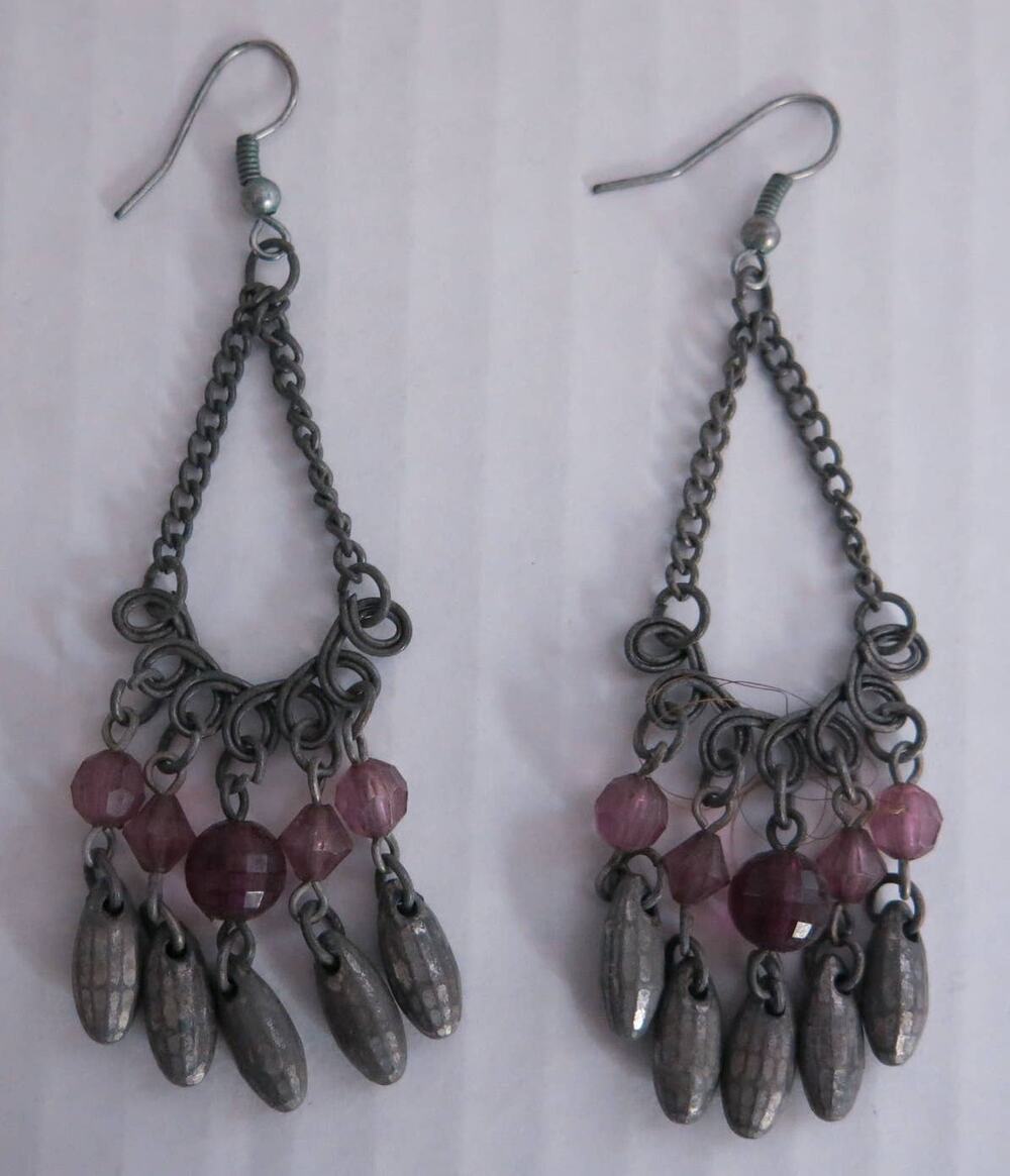 VINTAGE Earrings Boho Dangle Drop Pierced Purple Beads Silver Jewelry Hippie